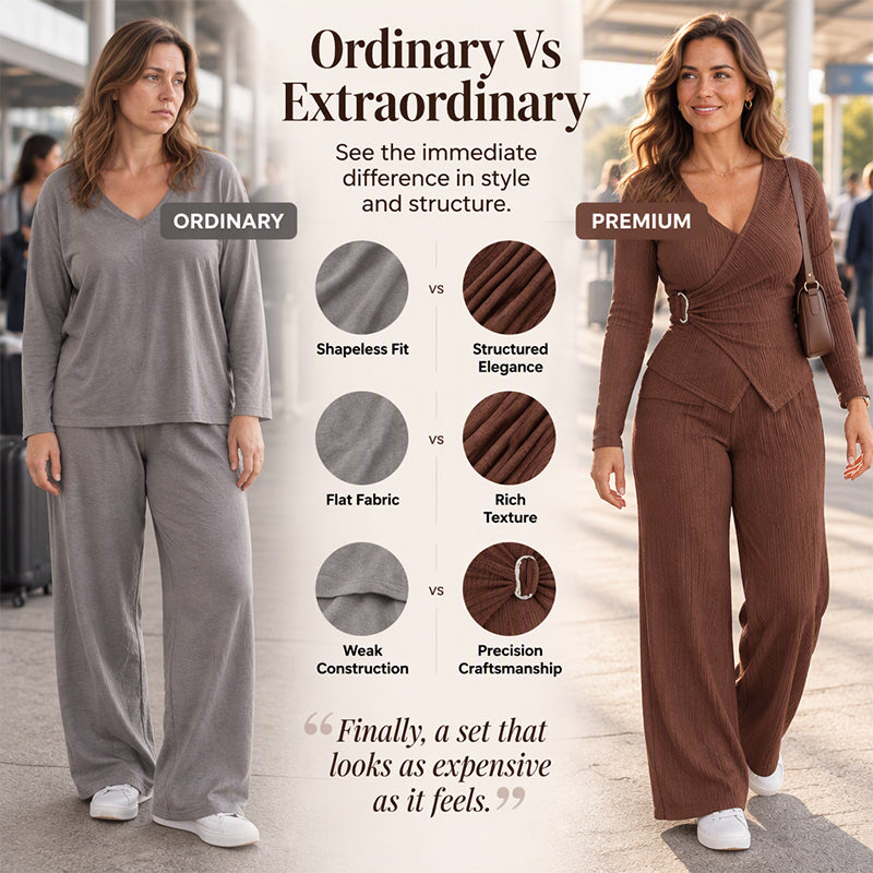 Women's Textured Asymmetric Wrap Top & Wide-Leg Pants Set