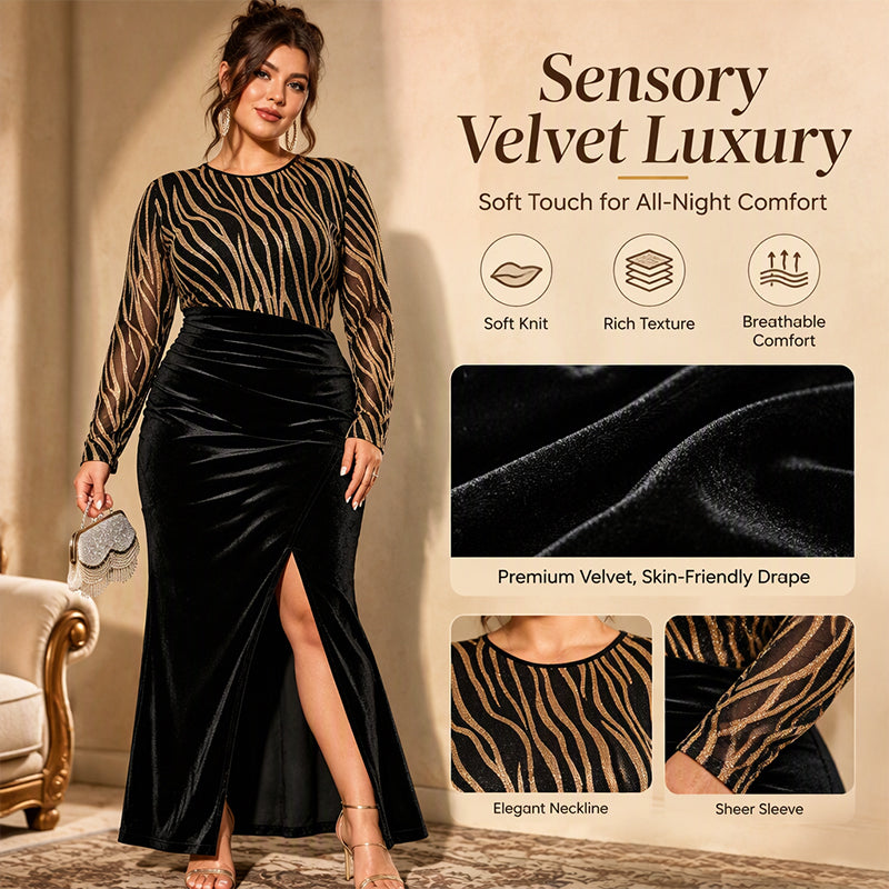 Women's Glitter Striped Velvet Slit Maxi Dress