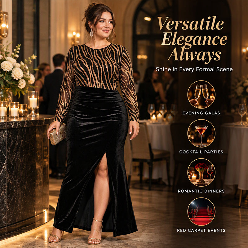 Women's Glitter Striped Velvet Slit Maxi Dress