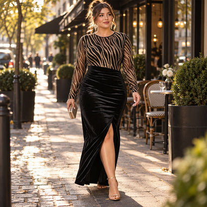 Women's Glitter Striped Velvet Slit Maxi Dress