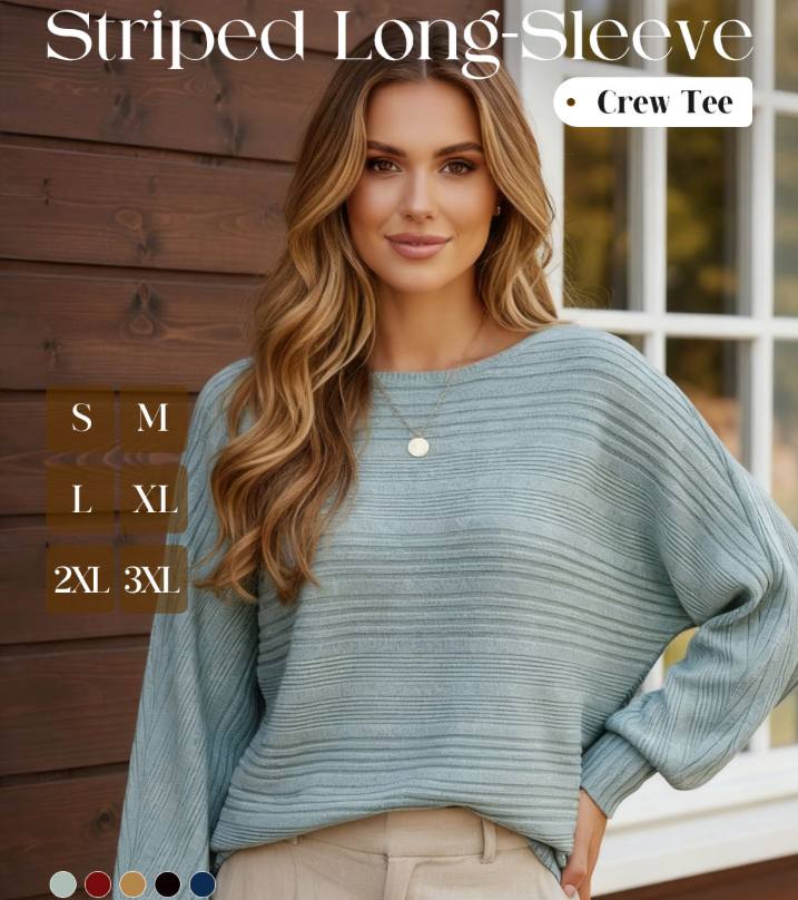 🎁New arrival 50% OFF💥Solid Round-Neck Striped Top with Long Sleeves