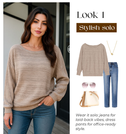 🎁New arrival 50% OFF💥Solid Round-Neck Striped Top with Long Sleeves