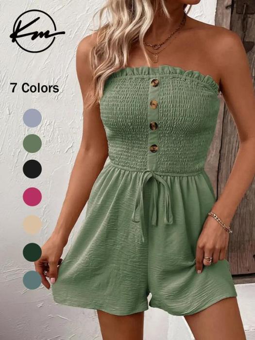 💃Women's Strapless Frill Trim Shirred Tie Front Wide Leg Tube Romper