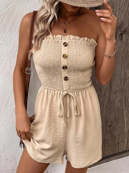💃Women's Strapless Frill Trim Shirred Tie Front Wide Leg Tube Romper