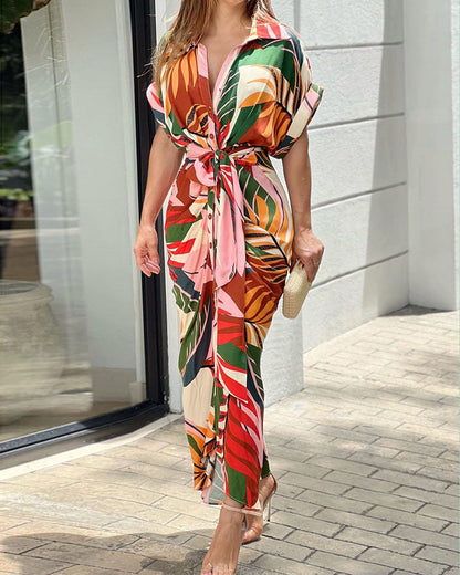 Casual Lapel Neck Waist Print Shirt Dress