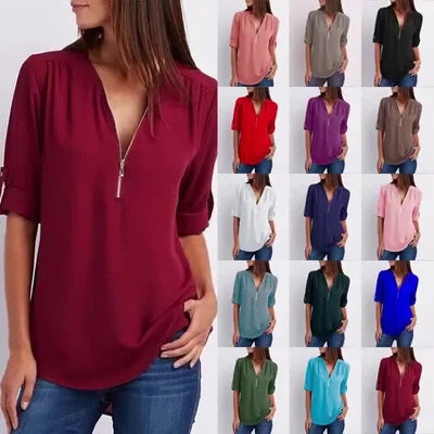 Women's V-neck Zipper Plus Size Long-sleeved Chiffon Shirt🔥Buy 2 Automatic 10% Off🔥